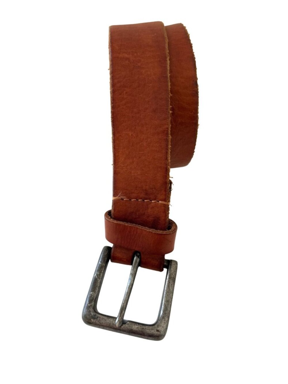 Vintage Brown Leather Belt With Distressed Metal Buckle
